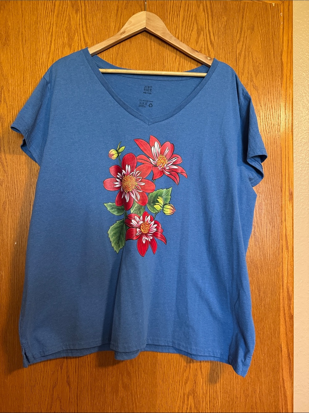 District Blue V-Neck Tee with Red Floral Print